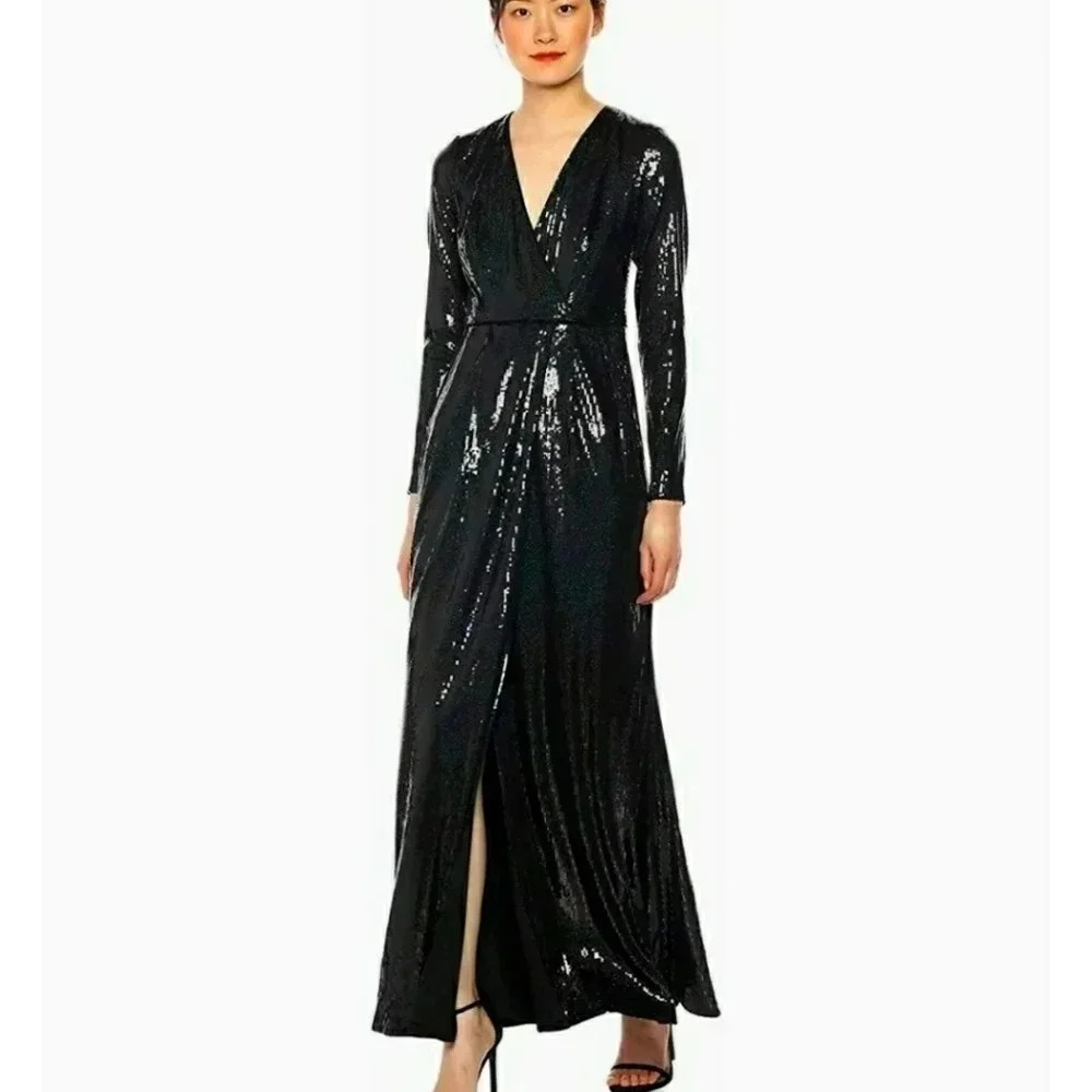299 Women's Calvin Klein Allover Sequin Long Sleeve Gown Cross Front V Prom Sz 2
